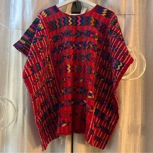 Vintage Red and White Pinstriped Embroidered Cotton Guatemalan Huipil Tunic